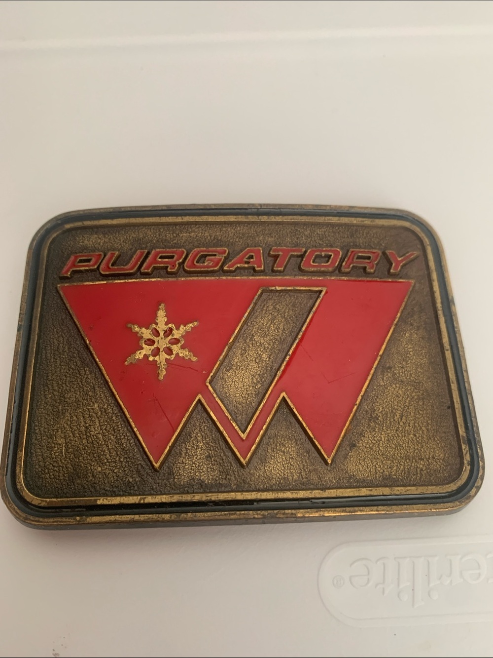 Purgatory Red and Antique Gold Enamel Belt Buckle